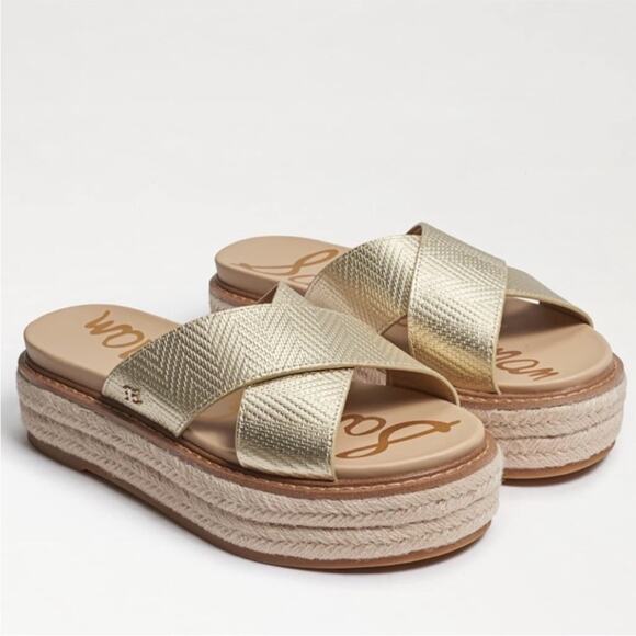 Sam Edelman Korina Espadrille Slide Sandal Gold Leather 9 - Picture 1 of 13